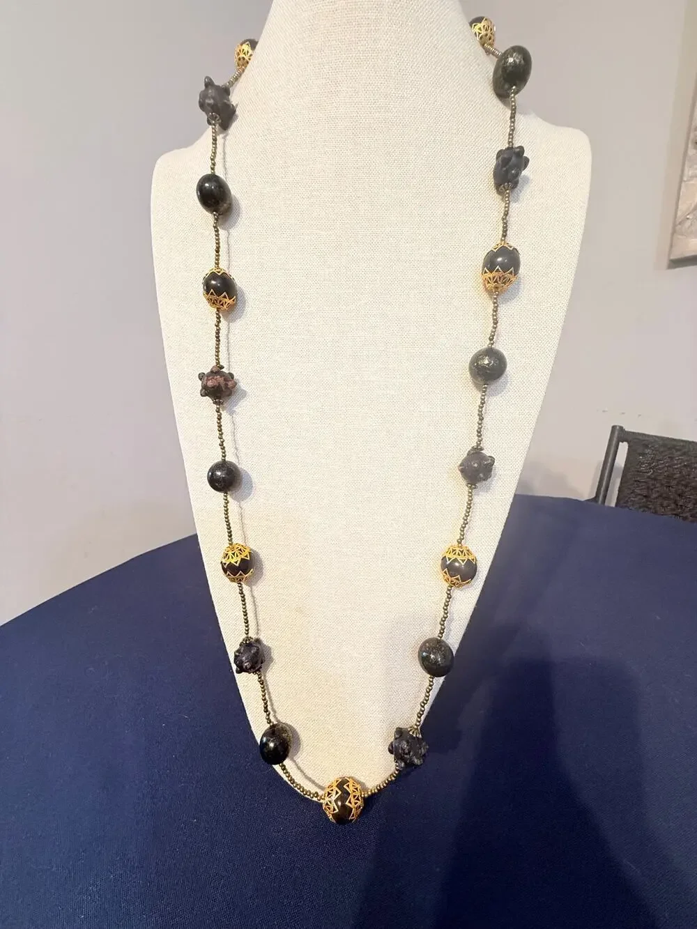 Vintage 40” Black Beaded Statement Necklace Gold Tone Accents